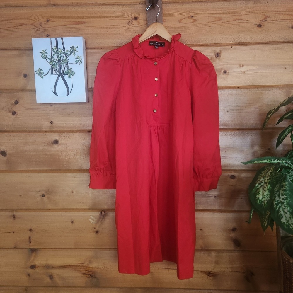 Tuckernuck Pomander Place Claiborne Dress Red Puff Sleeve Shift Shirt Ruffle Med